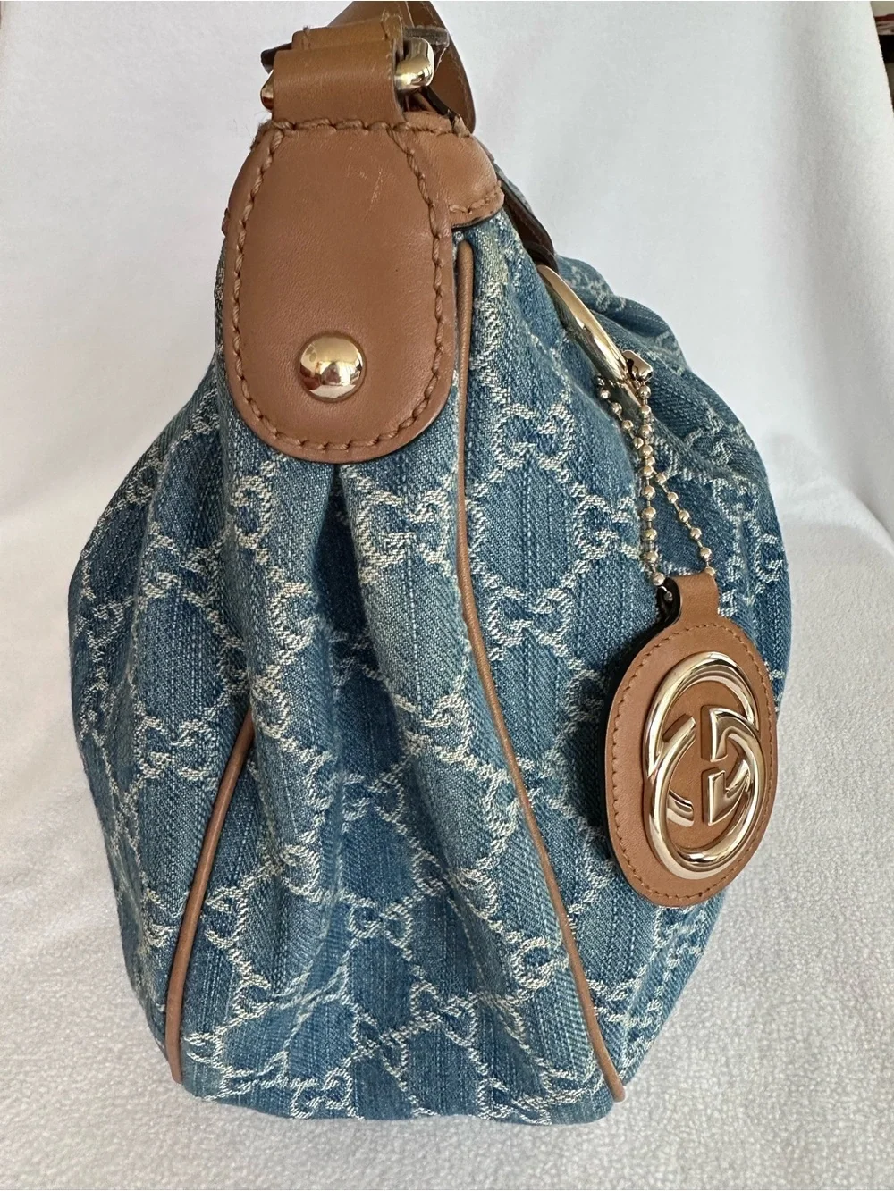 Gucci Blue Denim Monogram Shoulder Bag with Brown Leather Trim - Picture 5 of 9